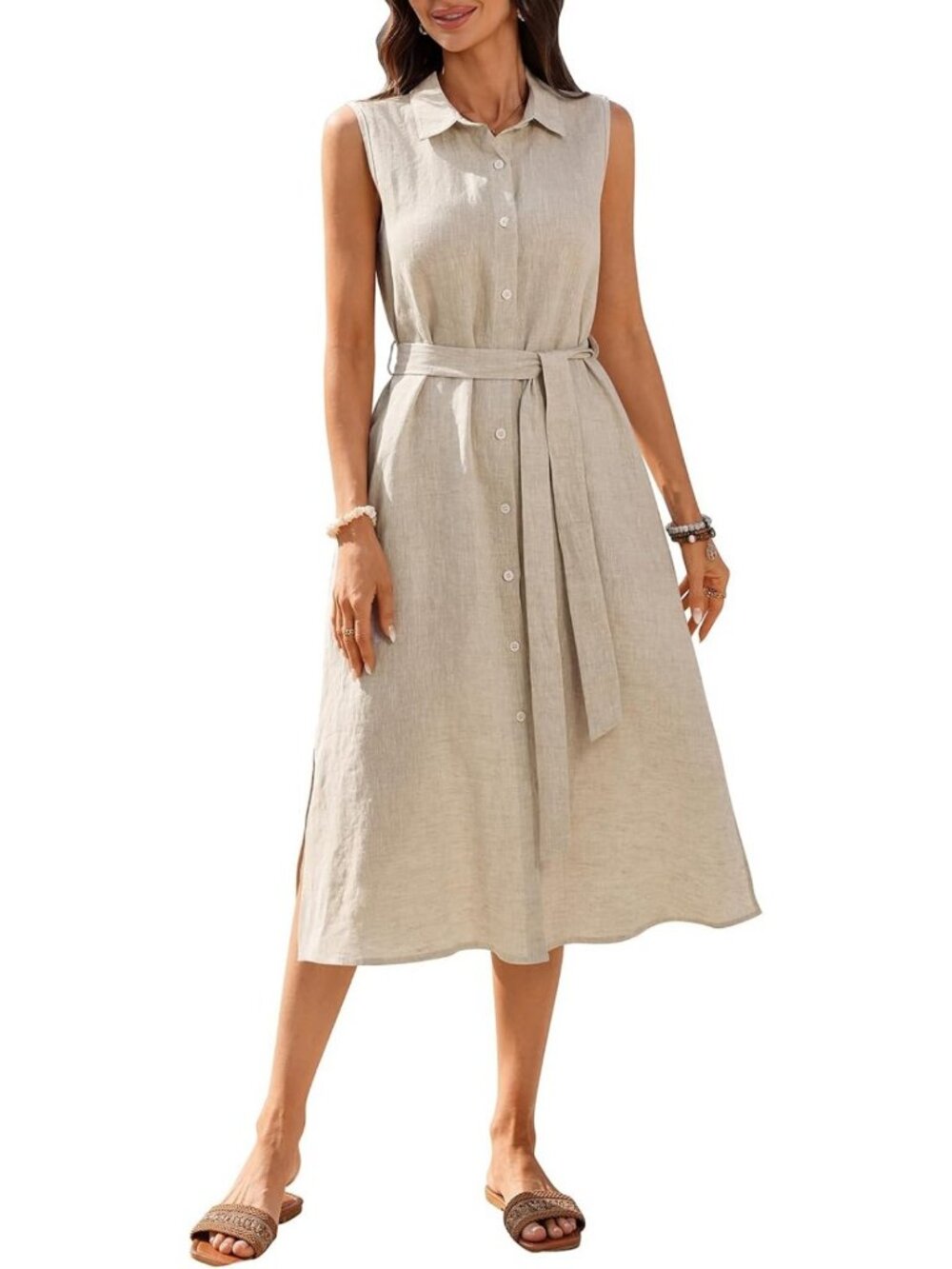Linen Midi Dress for Women - Button Down, Sleeveless, Collared, Pocket, Summer